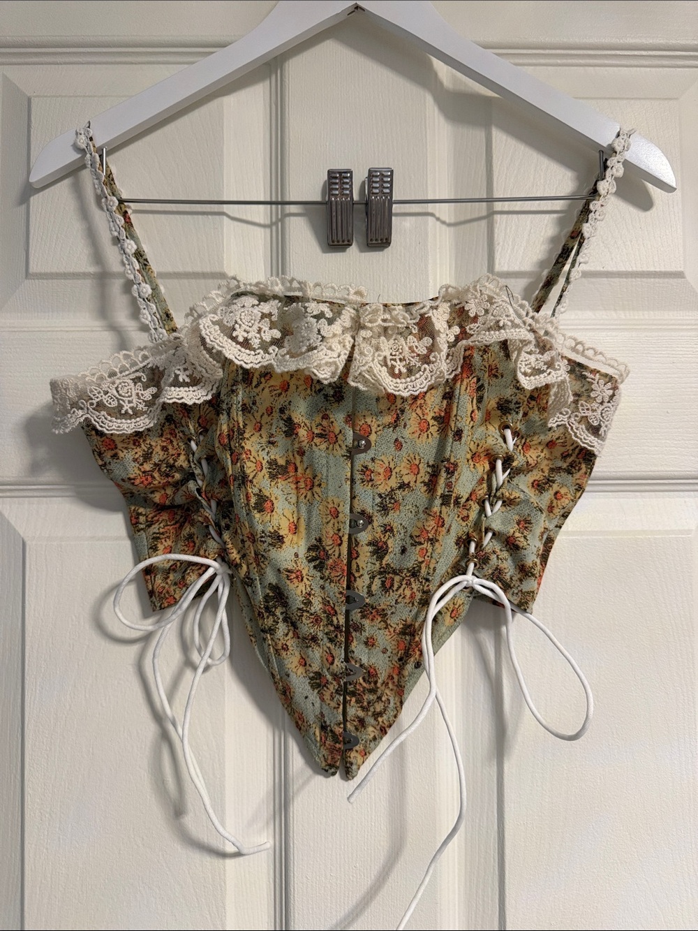 Floral Lace Trim Corset Tank Top - Cream Green